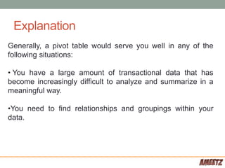 Explanation
Generally, a pivot table would serve you well in any of the
following situations:
• You have a large amount of transactional data that has
become increasingly difficult to analyze and summarize in a
meaningful way.
•You need to find relationships and groupings within your
data.
 