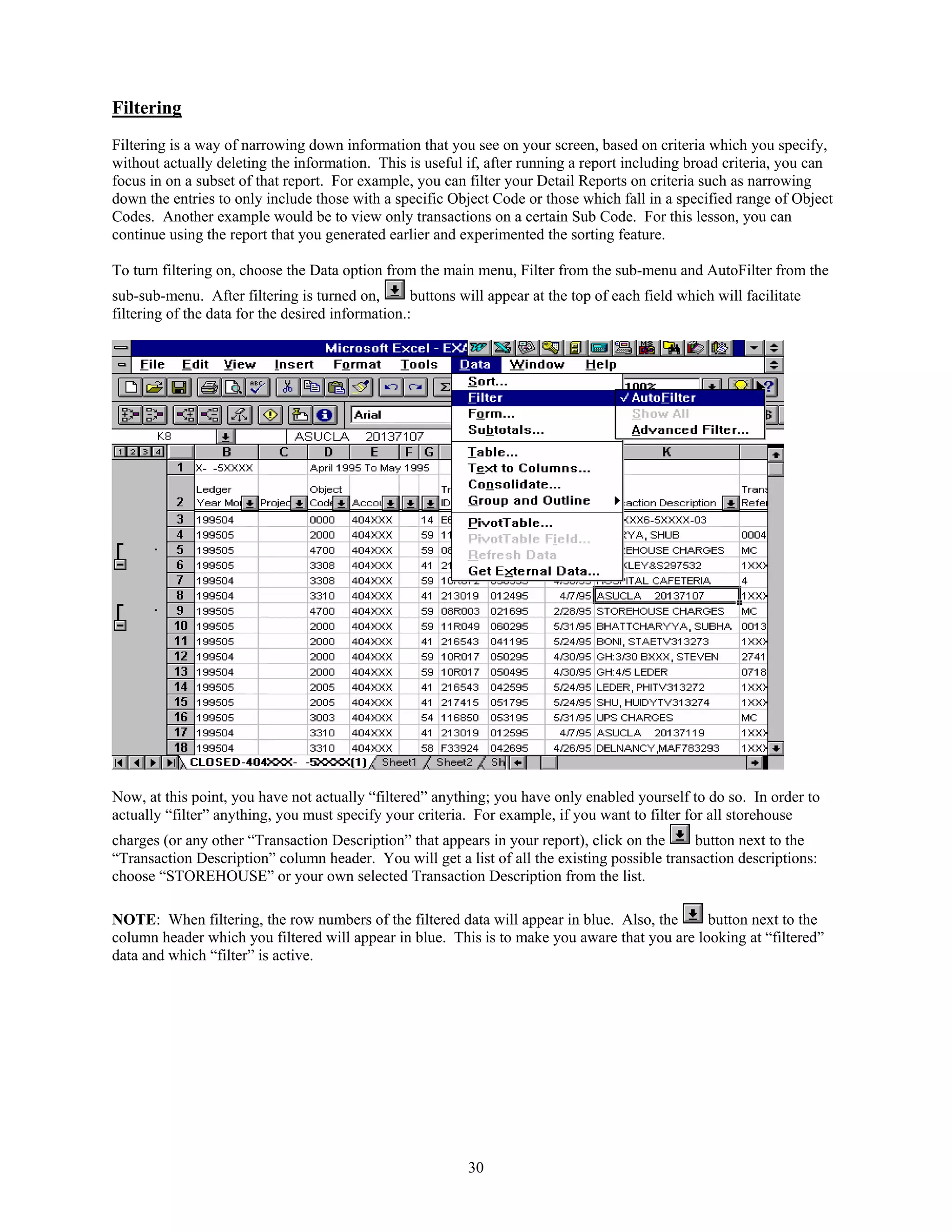Filtering
Filtering is a way of narrowing down information that you see on your screen, based on criteria which you specify,
without actually deleting the information. This is useful if, after running a report including broad criteria, you can
focus in on a subset of that report. For example, you can filter your Detail Reports on criteria such as narrowing
down the entries to only include those with a specific Object Code or those which fall in a specified range of Object
Codes. Another example would be to view only transactions on a certain Sub Code. For this lesson, you can
continue using the report that you generated earlier and experimented the sorting feature.

To turn filtering on, choose the Data option from the main menu, Filter from the sub-menu and AutoFilter from the
sub-sub-menu. After filtering is turned on,        buttons will appear at the top of each field which will facilitate
filtering of the data for the desired information.:




Now, at this point, you have not actually “filtered” anything; you have only enabled yourself to do so. In order to
actually “filter” anything, you must specify your criteria. For example, if you want to filter for all storehouse
charges (or any other “Transaction Description” that appears in your report), click on the     button next to the
“Transaction Description” column header. You will get a list of all the existing possible transaction descriptions:
choose “STOREHOUSE” or your own selected Transaction Description from the list.

NOTE: When filtering, the row numbers of the filtered data will appear in blue. Also, the      button next to the
column header which you filtered will appear in blue. This is to make you aware that you are looking at “filtered”
data and which “filter” is active.




                                                            30
 