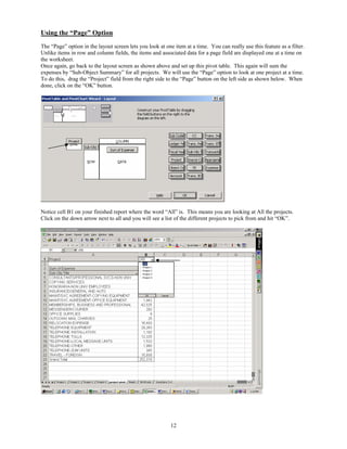 Using the “Page” Option
The “Page” option in the layout screen lets you look at one item at a time. You can really use this feature as a filter.
Unlike items in row and column fields, the items and associated data for a page field are displayed one at a time on
the worksheet.
Once again, go back to the layout screen as shown above and set up this pivot table. This again will sum the
expenses by “Sub-Object Summary” for all projects. We will use the “Page” option to look at one project at a time.
To do this, drag the “Project” field from the right side to the “Page” button on the left side as shown below. When
done, click on the “OK” button.




Notice cell B1 on your finished report where the word “All” is. This means you are looking at All the projects.
Click on the down arrow next to all and you will see a list of the different projects to pick from and hit “OK”.




                                                           12
 