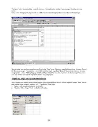 The figure below shows just the project2 expenses. Notice how the numbers have changed from the previous
report.
Select some other projects, again click on cell B1 to choose another project and watch the numbers change.




Keep in mind you can have more than one field in the “Page” area. The more page fields you have, the more filtered
the data is on a page. For example, a pivot table with the single page field “Project” shows total expenses for only
one project at a time. Adding the page field Sub-Object Title filters the data even more by displaying total expense
data only for the selected sub-object title for the selected project.

Displaying Pages on Separate Worksheets
Now, suppose you want to print separate reports for different projects or save them as separate reports. First, use the
page button arrow to switch back to “All”. Then follow these steps:
1. Select a cell anywhere inside the pivot table.
2. Click the “Show Pages” tool on the Pivot Toolbar.




                                                          13
 