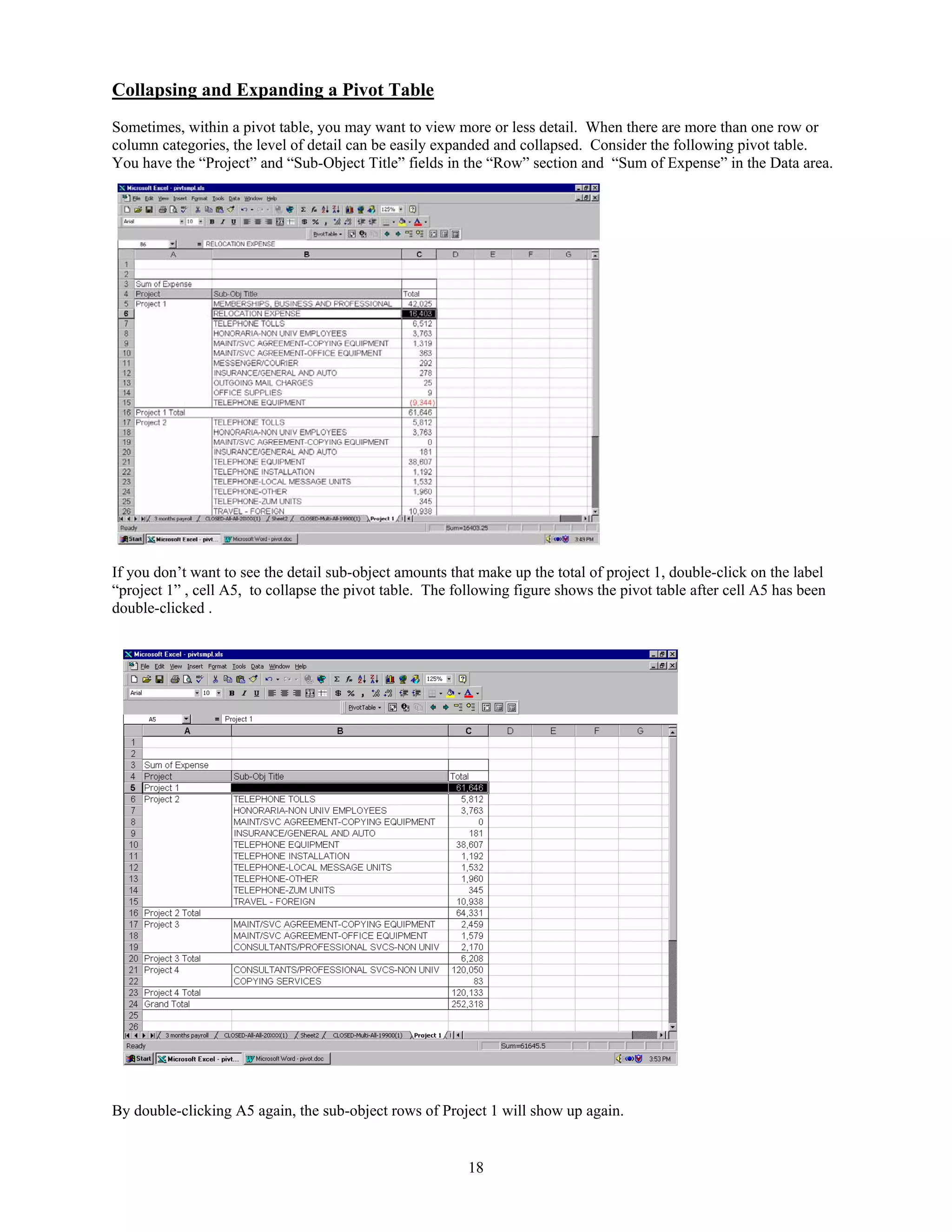 Collapsing and Expanding a Pivot Table
Sometimes, within a pivot table, you may want to view more or less detail. When there are more than one row or
column categories, the level of detail can be easily expanded and collapsed. Consider the following pivot table.
You have the “Project” and “Sub-Object Title” fields in the “Row” section and “Sum of Expense” in the Data area.

If you don’t want to see the detail sub-object amounts that make up the total of project 1, double-click on the label
“project 1” , cell A5, to collapse the pivot table. The following figure shows the pivot table after cell A5 has been
double-clicked .

By double-clicking A5 again, the sub-object rows of Project 1 will show up again.

18

 