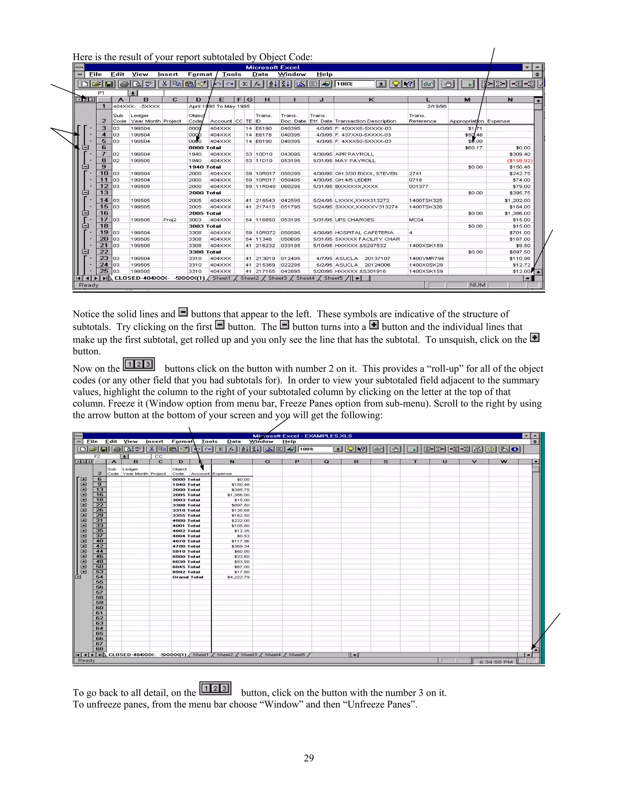 Here is the result of your report subtotaled by Object Code:

Notice the solid lines and
buttons that appear to the left. These symbols are indicative of the structure of
button. The
button turns into a
button and the individual lines that
subtotals. Try clicking on the first
make up the first subtotal, get rolled up and you only see the line that has the subtotal. To unsquish, click on the
button.
buttons click on the button with number 2 on it. This provides a “roll-up” for all of the object
Now on the
codes (or any other field that you had subtotals for). In order to view your subtotaled field adjacent to the summary
values, highlight the column to the right of your subtotaled column by clicking on the letter at the top of that
column. Freeze it (Window option from menu bar, Freeze Panes option from sub-menu). Scroll to the right by using
the arrow button at the bottom of your screen and you will get the following:

To go back to all detail, on the
button, click on the button with the number 3 on it.
To unfreeze panes, from the menu bar choose “Window” and then “Unfreeze Panes”.

29

 