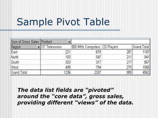 Sample Pivot Table The data list fields are “pivoted” around the “core data”, gross sales, providing different “views” of the data. 