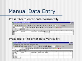 Manual Data Entry Press TAB to enter data horizontally: Press ENTER to enter data vertically: 