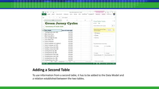Adding a Second Table
To use information from a second table, it has to be added to the Data Model and
a relation established between the two tables.
 
