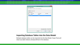 Importing Database Tables into the Data Model
Multiple database tables can be imported into the Data Model. Power Pivot will
retain any table relations already defined in the database.
 