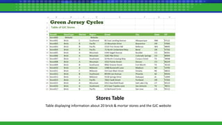 Stores Table
Table displaying information about 20 brick & mortar stores and the GJC website
 