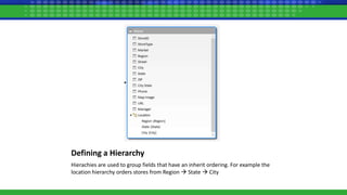 Defining a Hierarchy
Hierachies are used to group fields that have an inherit ordering. For example the
location hierarchy orders stores from Region  State  City
 