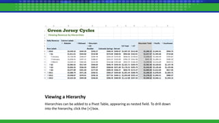 Viewing a Hierarchy
Hierarchies can be added to a Pivot Table, appearing as nested field. To drill down
into the hierarchy, click the [+] box.
 