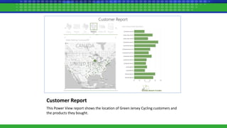Customer Report
This Power View report shows the location of Green Jersey Cycling customers and
the products they bought.
 