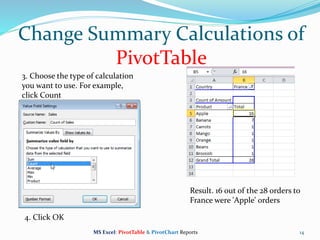 14
3. Choose the type of calculation
you want to use. For example,
click Count
Result. 16 out of the 28 orders to
France were 'Apple' orders
Change Summary Calculations of
PivotTable
4. Click OK
MS Excel: PivotTable & PivotChart Reports
 