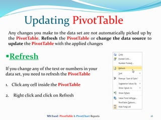 Updating PivotTable
16
Any changes you make to the data set are not automatically picked up by
the PivotTable. Refresh the PivotTable or change the data source to
update the PivotTable with the applied changes
Refresh
If you change any of the text or numbers in your
data set, you need to refresh the PivotTable
1. Click any cell inside the PivotTable
2. Right click and click on Refresh
MS Excel: PivotTable & PivotChart Reports
 