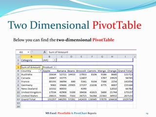 19
Below you can find the two-dimensional PivotTable
Two Dimensional PivotTable
MS Excel: PivotTable & PivotChart Reports
 