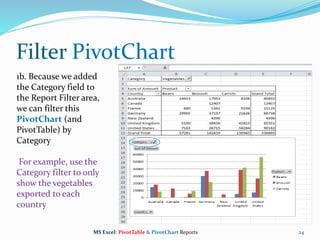 24
1b. Because we added
the Category field to
the Report Filter area,
we can filter this
PivotChart (and
PivotTable) by
Category
For example, use the
Category filter to only
show the vegetables
exported to each
country
Filter PivotChart
MS Excel: PivotTable & PivotChart Reports
 
