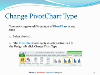Change PivotChart Type
25
You can change to a different type of PivotChart at any
time
1. Select the chart
2. The PivotChart tools contextual tab activates. On
the Design tab, click Change Chart Type
MS Excel: PivotTable & PivotChart Reports
 