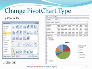 26
3. Choose Pie
Change PivotChart Type
4. Click OK
MS Excel: PivotTable & PivotChart Reports
 