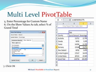 37
5. Enter Percentage for Custom Name
6. On the Show Values As tab, select % of
Grand Total
Multi Level PivotTable
7. Click OK
MS Excel: PivotTable & PivotChart Reports
 
