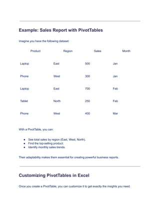 Example: Sales Report with PivotTables
Imagine you have the following dataset:
Product Region Sales Month
Laptop East 500 Jan
Phone West 300 Jan
Laptop East 700 Feb
Tablet North 250 Feb
Phone West 400 Mar
With a PivotTable, you can:
●​ See total sales by region (East, West, North).
●​ Find the top-selling product.
●​ Identify monthly sales trends.
Their adaptability makes them essential for creating powerful business reports.
Customizing PivotTables in Excel
Once you create a PivotTable, you can customize it to get exactly the insights you need.
 
