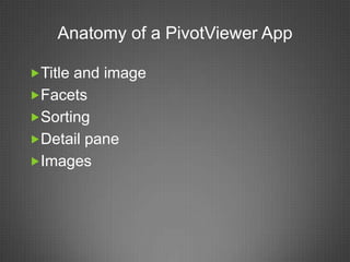 Anatomy of a PivotViewer App

Title and image
Facets
Sorting
Detail pane
Images
 