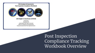 Post Inspection
Compliance Tracking
Workbook Overview
 