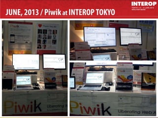 Piwikの特徴紹介
機能の目次（見出し）を書きましょう
Piwik is theleadingopen source web analyticssoftware, used by more than460,000websites. It gives interesting reports on your website visitors, your popularpages,
thesearch engines keywords they used,the languagethey speak… andso much more. Piwik aims tobe an opensource alternativeto GoogleAnalytics.
JUNE, 2013 / Piwikat INTEROPTOKYO
 