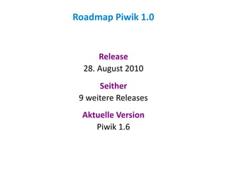 Roadmap Piwik 1.0


      Release
  28. August 2010
      Seither
 9 weitere Releases
  Aktuelle Version
     Piwik 1.6
 
