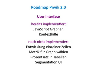 Roadmap Piwik 2.0

      User Interface
   bereits implementiert
    JavaScript Graphen
        Kontexthilfe
 noch nicht implementiert
Entwicklung einzelner Zeilen
  Metrik für Graph wählen
  Prozentsatz in Tabellen
     Segmentation UI
 