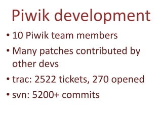 Piwik development
• 10 Piwik team members
• Many patches contributed by
  other devs
• trac: 2522 tickets, 270 opened
• svn: 5200+ commits
 