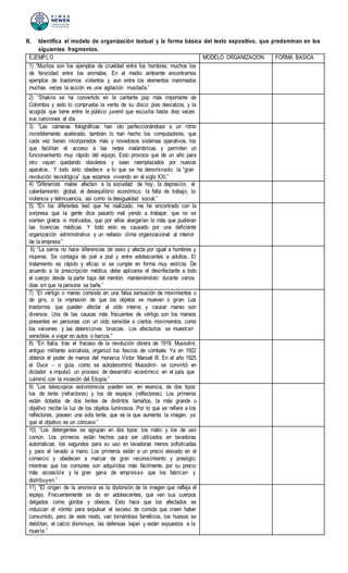 II. Identifica el modelo de organización textual y la forma básica del texto expositivo, que predominan en los
siguientes fragmentos.
EJEMPLO MODELO ORGANIZACION FORMA BASICA
1) “Muchos son los ejemplos de crueldad entre los hombres; muchos los
de ferocidad entre los animales. En el medio ambiente encontramos
ejemplos de trastornos violentos y aun entre los elementos inanimados
muchas veces la acción es una agitación inusitada.”
2) “Shakira se ha convertido en la cantante pop más importante de
Colombia y esto lo comprueba la venta de su disco: pies descalzos, y la
acogida que tiene entre le público juvenil que escucha hasta diez veces
sus canciones al día.
3) “Las cámaras fotográficas han ido perfeccionándose a un ritmo
increíblemente acelerado, también lo han hecho los computadores, que
cada vez tienen incorporados más y novedosos sistemas operativos, los
que facilitan el acceso a las redes inalámbricas y permiten un
funcionamiento muy rápido del equipo. Esto provoca que de un año para
otro vayan quedando obsoletos y sean reemplazados por nuevos
aparatos. Y todo esto obedece a lo que se ha denominado la “gran
revolución tecnológica” que estamos viviendo en el siglo XXI.”
4) “Diferentes males afectan a la sociedad de hoy, la depresión, el
calentamiento global, el desequilibrio económico; la falta de trabajo, la
violencia y delincuencia, así como la desigualdad social.”
5) “En los diferentes test que he realizado, me he encontrado con la
sorpresa que la gente dice pasarlo mal yendo a trabajar, que no se
sienten gratos ni motivados, que por ellos alargarían lo más que pudieran
las licencias médicas. Y todo esto es causado por una deficiente
organización administrativa y un nefasto clima organizacional al interior
de la empresa.”
6) “La sarna no hace diferencias de sexo y afecta por igual a hombres y
mujeres. Se contagia de piel a piel y entre adolescentes a adultos. El
tratamiento es rápido y eficaz si se cumple en forma muy estricta. De
acuerdo a la prescripción médica, debe aplicarse el desinfectante a todo
el cuerpo desde la parte baja del mentón, manteniéndolo durante varios
días sin que la persona se bañe.”
7) “El vértigo o mareo consiste en una falsa sensación de movimientos o
de giro, o la impresión de que los objetos se mueven o giran. Los
trastornos que pueden afectar al oído interno y causar mareo son
diversos. Una de las causas más frecuentes de vértigo son los mareos
presentes en personas con un oído sensible a ciertos movimientos, como
los vaivenes y las detenciones bruscas. Los afectados se muestran
sensibles a viajar en autos o barcos.”
8) “En Italia, tras el fracaso de la revolución obrera de 1919, Mussolini,
antiguo militante socialista, organizó los fascios de combate. Ya en 1922
obtenía el poder de manos del monarca Víctor Manuel III. En el año 1925
el Duce – o guía, como se autodenominó Mussolini- se convirtió en
dictador e impulsó un proceso de desarrollo económico en el país que
culminó con la invasión del Etiopía.”
9) “Los telescopios astronómicos pueden ser, en esencia, de dos tipos:
los de lente (refractores) y los de espejos (reflectores). Los primeros
están dotados de dos lentes de distintos tamaños, la más grande u
objetivo recibe la luz de los objetos luminosos. Por lo que se refiere a los
reflectores, poseen una sola lente, que es la que aumenta la imagen, ya
que el objetivo es un cóncavo.”
10) “Los detergentes se agrupan en dos tipos: los matic y los de uso
común. Los primeros están hechos para ser utilizados en lavadoras
automáticas, los segundos para su uso en lavadoras menos sofisticadas
y para el lavado a mano. Los primeros están a un precio elevado en el
comercio y obedecen a marcar de gran reconocimiento y prestigio;
mientras que los comunes son adquiridos más fácilmente, por su precio
más accesible y la gran gana de empresas que los fabrican y
distribuyen.”
11) “El origen de la anorexia es la distorsión de la imagen que refleja el
espejo. Frecuentemente se da en adolescentes, que ven sus cuerpos
delgados como gordos y obesos. Esto hace que los afectados se
induzcan el vómito para expulsar el exceso de comida que creen haber
consumido, pero de este modo, van tornándose famélicos, los huesos se
debilitan, el calcio disminuye, las defensas bajan y están expuestos a la
muerte.”
 