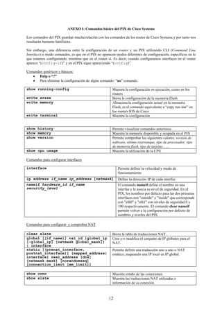 ANEXO I: Comandos básico del PIX de Cisco Systems

Los comandos del PIX guardan mucha relación con los comandos de los routes de Cisco Systems y por tanto nos
resultarán bastante familiares.

Sin embargo, una diferencia entre la configuración de un router y un PIX utilizando CLI (Command Line
Interface) o modo comandos, es que en el PIX no aparecen modos diferentes de configuración, específicos en lo
que estamos configurando, mientras que en el router sí. Es decir, cuando configuramos interfaces en el router
aparece “(config-if)” y en el PIX sigue apareciendo “(config)”.

Comandos genéricos y básicos:
   • Help o “?”
   • Para eliminar la configuración de algún comando: “no” comando.

show running-config                                    Muestra la configuración en ejecución, como en los
                                                       routers
write erase                                            Borra la configuración de la memoria Flash
write memory                                           Almacena la configuración actual en la memoria
                                                       Flash, es el comando equivalente a “copy run star” en
                                                       los routers IOS de Cisco
write terminal                                         Muestra la configuración


show history                                           Permite visualizar comandos anteriores
show memory                                            Muestra la memoria disponible y ocupada en el PIX
show version                                           Permite comprobar los siguientes valores: versión de
                                                       software, último rearranque, tipo de procesador, tipo
                                                       de memoria flash, tipo de tarjetas , ....
show cpu usage                                         Muestra la utilización de la CPU

Comandos para configurar interfaces

interface                                                 Permite definir la velocidad y modo de
                                                          funcionamiento
ip address if_name ip_address [netmask]                   Define la dirección IP de cada interfaz
nameif hardware_id if_name                                El comando nameif define el nombre en una
security_level                                            interfaz y le asocia su nivel de seguridad. En el
                                                          PIX, los nombres por defecto para las dos primeras
                                                          interfaces son "outside" y "inside" que corresponde
                                                          con "eth0" y "eth1" con niveles de seguridad 0 y
                                                          100 respectivamente. El comando clear nameif
                                                          permite volver a la configuración por defecto de
                                                          nombres y niveles del PIX.

Comandos para configurar y comprobar NAT

clear xlate                                            Borra la tabla de traducciones NAT.
global [(if_name)] nat_id {global_ip                   Crea y/o modifica el conjunto de IP globales para el
[-global_ip] [netmask global_mask]}                    NAT.
| interface
static [(prenat_interface,                             Permite definir una traducción uno a uno o NAT
postnat_interface)] {mapped_address|                   estático, mapeando una IP local en IP global.
interface} real_address [dns]
[netmask mask] [norandomseq]
[connection_limit [em_limit]]

show conn                                              Muestra estado de las conexiones.
show xlate                                             Muestra las traducciones NAT utilizadas e
                                                       información de su conexión.



                                                     12
 