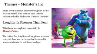 Themes - Monster’s Inc
There are 10 common themes throughout all the
pixar animated films that are used to teach
children valuable life lessons. The first theme is:
Laughter Is Stronger Than Fear
This theme was explored masterfully in
Monster’s Inc.
The notion that laughter and happiness are more
powerful than fear can be applied to many life
lessons and contexts in this day and age.
 