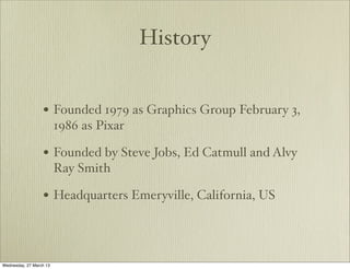 History


                  • Founded 1979 as Graphics Group February 3,
                         1986 as Pixar

                  • Founded by Steve Jobs, Ed Catmull and Alvy
                         Ray Smith

                  • Headquarters Emeryville, California, US



Wednesday, 27 March 13
 