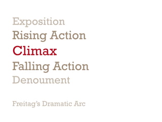 Exposition
Rising Action
Climax
Falling Action
Denoument
Freitag’s Dramatic Arc
 
