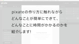 pixateの作り方に触れながら
どんなことが簡単にできて、
どんなことに時間がかかるのかを
紹介します！
 
