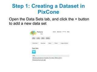 Step 1: Creating a Dataset in
PixCone
Open the Data Sets tab, and click the + button
to add a new data set
 