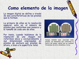 La imagen digital se define a través de dos características de los píxeles que la forman.  La primera de ellas es la resolución espacial, esto es, el número de píxeles que conforman ese mosaico y el tamaño de cada uno de ellos.  Por tanto, cuando hablamos de la resolución de una imagen nos referimos única y exclusivamente a sus dimensiones expresadas en píxeles de anchura por píxeles de altura, o bien a la superficie total.  Como elemento de la imagen  Aunque también sean conocidos como píxeles, los elementos que conforman la matriz del sensor digital son en realidad fotodiodos de silicio sensibles a la luz. 