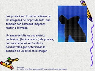 Los pixeles son la unidad mínima de las imágenes de mapas de bits, que también son llamadas imágenes raster o bitmaps. Un mapa de bits es una matriz cartesiana (bidimensional) de pixeles, con coordenadas verticales y horizontales que determinan la posición de un pixel en la imagen Vectores  Un vector es la descripción geométrica y matemática de una imagen. 