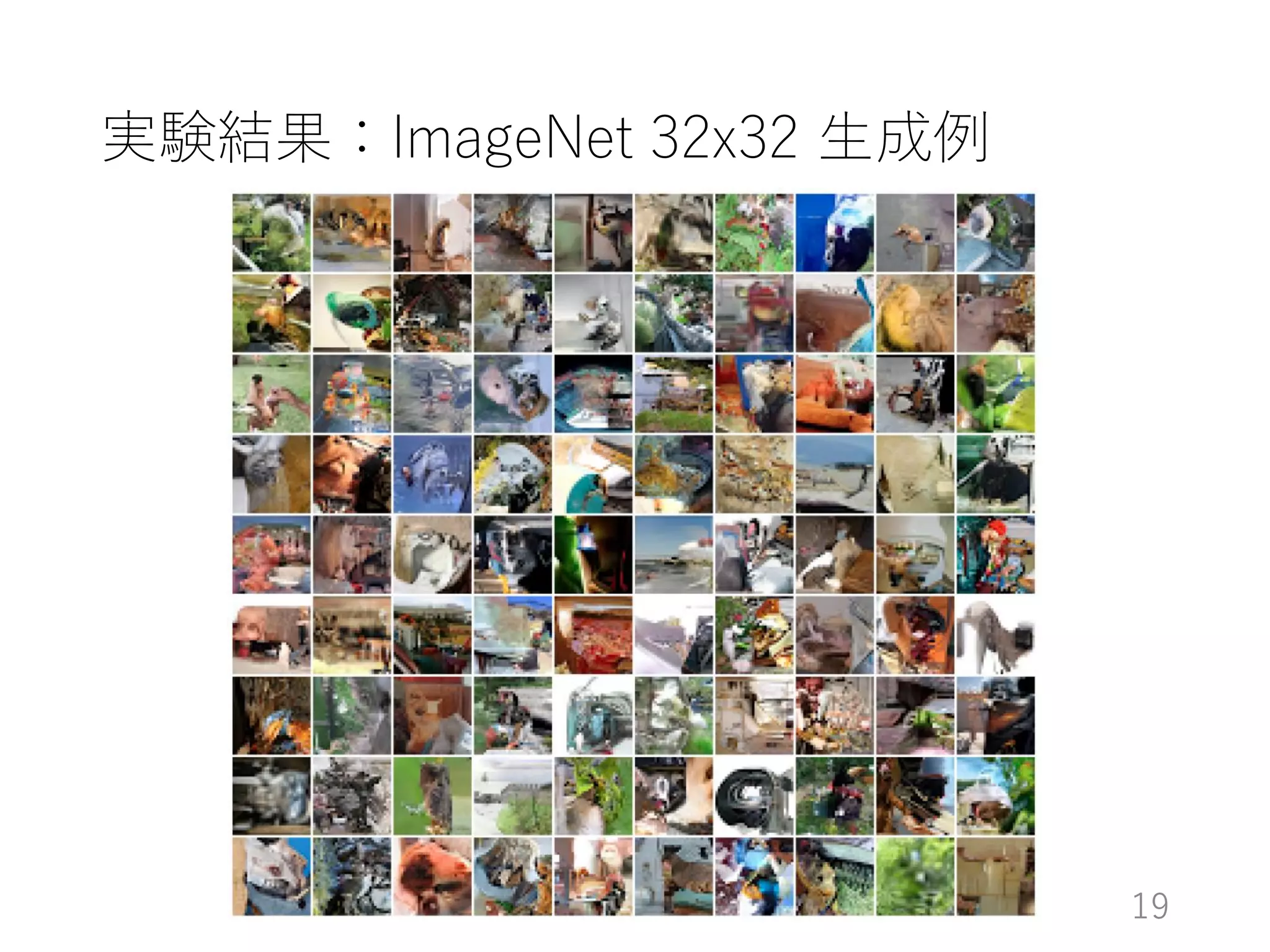 実験結果：ImageNet 32x32 生成例
19
 