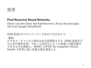 Ҫ
Pixel Recurrent Neural Networks.
A?ron van den Oord, Nal Kalchbrenner, Koray Kavukcuoglu
(all from Google DeepMind)
ICML2016 Υ٥ȥک`ѩ`ΤΤҤȤ
-Ҫs-
ԥ?ͥgλԼ؎ͥǥ루RNN Z
Ƥ_ʷֲǤäƁKлˤäƸ٤˹Ӌ㤬
ǤΤ᰸MNIST, CIFAR-10, ImageNet (32x32,
64x64) Ƿǳ˸ߤȶȤ_ɤ
2
 