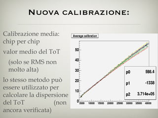 Nuova calibrazione: Calibrazione media: chip per chip valor medio del ToT (solo se RMS non molto alta) lo stesso metodo può essere utilizzato per calcolare la dispersione del ToT  (non ancora verificata) 