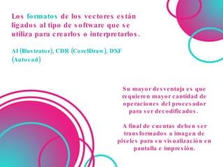 Los  formatos  de los vectores están ligados al tipo de software que se utiliza para crearlos o interpretarlos. AI (Illustrator), CDR (CorelDraw), DXF (Autocad)   Su mayor desventaja es que requieren mayor cantidad de operaciones del procesador para ser decodificados .  A  final de cuentas deben ser transformados a imagen de pixeles para su visualización en pantalla e impresión. 