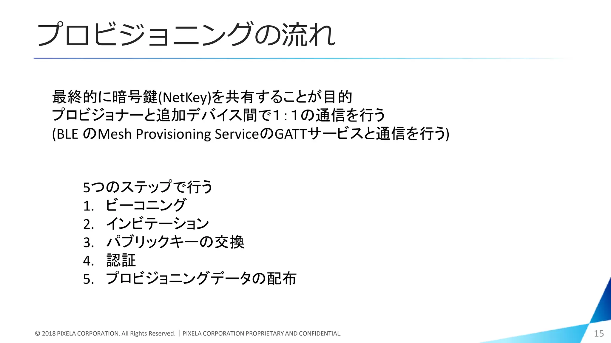 プロビジョニングの流れ
© 2018 PIXELA CORPORATION. All Rights Reserved.｜PIXELA CORPORATION PROPRIETARY AND CONFIDENTIAL. 15
5つのステップで行う
1. ビーコニング
2. インビテーション
3. パブリックキーの交換
4. 認証
5. プロビジョニングデータの配布
最終的に暗号鍵(NetKey)を共有することが目的
プロビジョナーと追加デバイス間で１：１の通信を行う
(BLE のMesh Provisioning ServiceのGATTサービスと通信を行う)
 