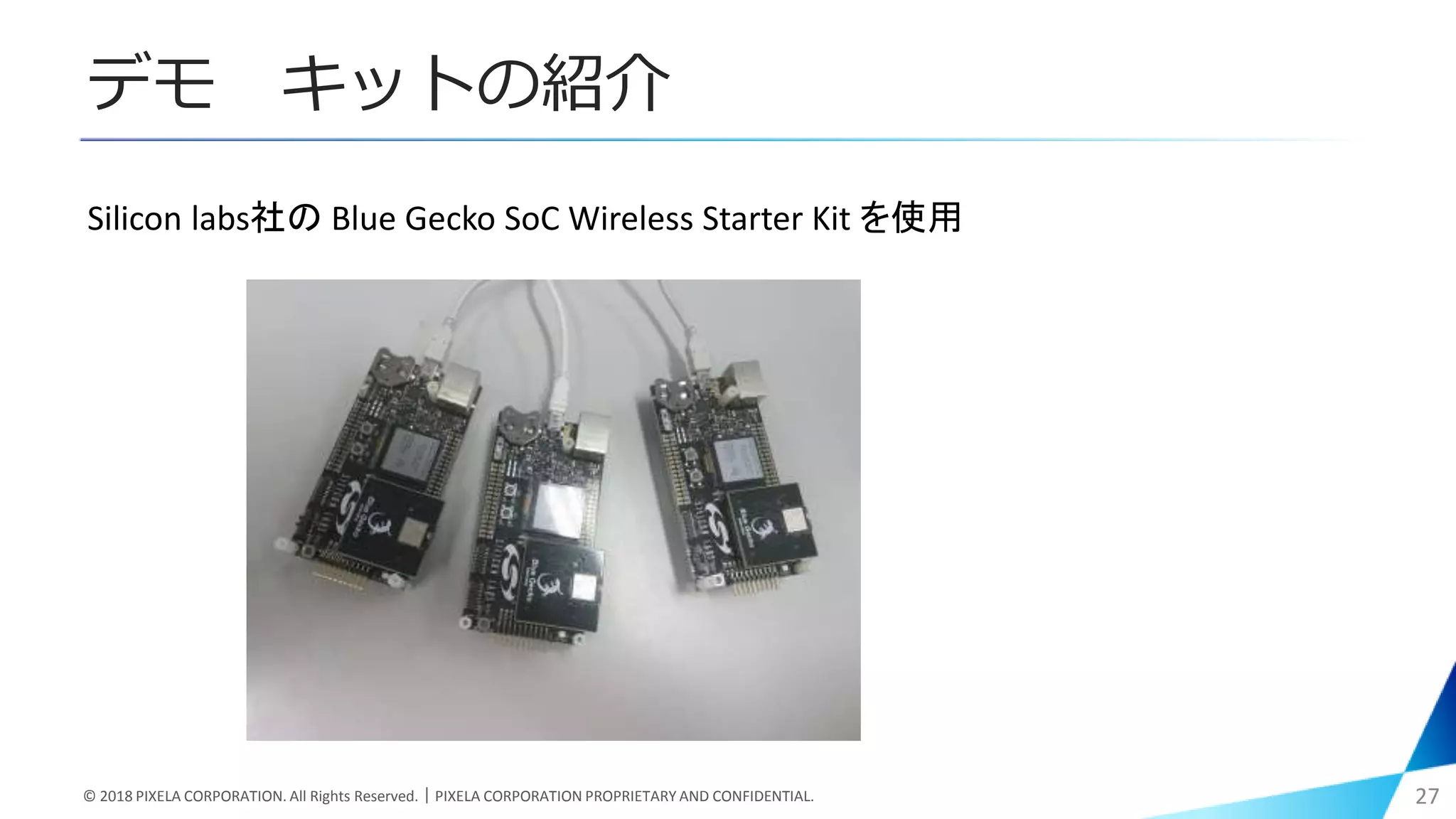 デモ キットの紹介
© 2018 PIXELA CORPORATION. All Rights Reserved.｜PIXELA CORPORATION PROPRIETARY AND CONFIDENTIAL. 27
Silicon labs社の Blue Gecko SoC Wireless Starter Kit を使用
 