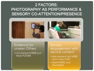 Evidence for
unseen Others
•not present/HERE but
Near FUTURE
Sensory
engagement with
device content
•Not present but HERE
from near PAST
•ElseWHERE and
ElseWHEN
2 FACTORS:
PHOTOGRAPHY AS PERFORMANCE &
SENSORY CO-ATTENTION/PRESENCE
 