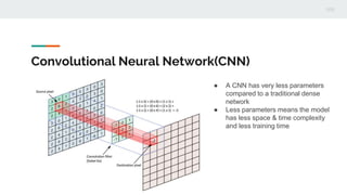 Convolutional Neural Network(CNN)
● A CNN has very less parameters
compared to a traditional dense
network
● Less parameters means the model
has less space & time complexity
and less training time
 