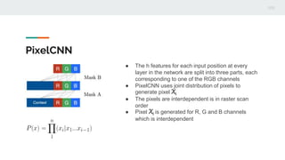 PixelCNN
● The h features for each input position at every
layer in the network are split into three parts, each
corresponding to one of the RGB channels
● PixelCNN uses joint distribution of pixels to
generate pixel Xi
● The pixels are interdependent is in raster scan
order
● Pixel Xi is generated for R, G and B channels
which is interdependent
 