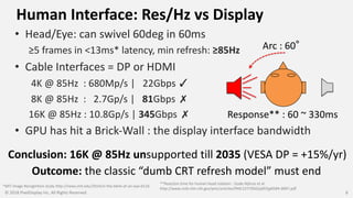 Human Interface: Res/Hz vs Display
© 2018 PixelDisplay Inc, All Rights Reserved 8
• Head/Eye: can swivel 60deg in 60ms
≥5 frames in <13ms* latency, min refresh: ≥85Hz
• Cable Interfaces = DP or HDMI
4K @ 85Hz : 680Mp/s | 22Gbps
8K @ 85Hz : 2.7Gp/s | 81Gbps
16K @ 85Hz : 10.8Gp/s | 345Gbps
• GPU has hit a Brick-Wall : the display interface bandwidth
Arc : 60
Response** : 60 ~ 330ms
**Reaction time for human head rotation : Oude Nijhuis et al.
http://www.ncbi.nlm.nih.gov/pmc/articles/PMC2277050/pdf/tjp0584-0097.pdf
Outcome: the classic “dumb CRT refresh model” must end
*MIT Image Recognition study http://news.mit.edu/2014/in-the-blink-of-an-eye-0116
Conclusion: 16K @ 85Hz unsupported till 2035 (VESA DP = +15%/yr)
 