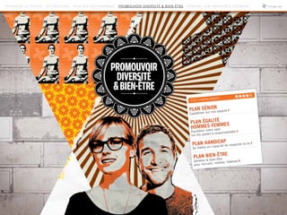 PLAN SÉNIOR 
Capitaliser sur nos experts 
PLAN ÉGALITÉ
HOMMES-FEMMES
Équilibrer notre ratio 
sur les postes à responsabilités
PLAN HANDICAP
Se mettre en capacité de respecter la loi
PLAN BIEN-ÊTRE
Générer le bien-être
pour recruter, motiver, fidéliser
ÉTAT D’AVANCEMENT
REPENSER LE DESIGN CO-PRODUIRE ACHETER RESPONSABLE PROMOUVOIR DIVERSITÉ  BIEN-ÊTRE RÉDUIRE SON EMPREINTE CARBONE
 