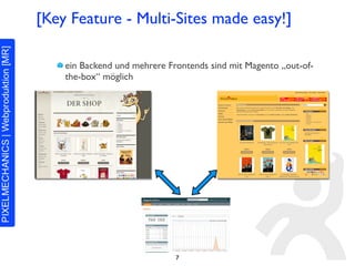 [Key Feature - Multi-Sites made easy!]

    ein Backend und mehrere Frontends sind mit Magento „out-of-
    the-box“ möglich




                              7
 