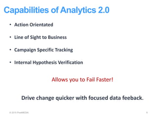 Capabilities of Analytics 2.0
© 2015 PixelMEDIA 8
• Action Orientated
• Line of Sight to Business
• Campaign Specific Trac...